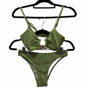 3 Piece Bikini Swimsuit Set Green Boho 70s Retro Resortwear Crushed Velvet